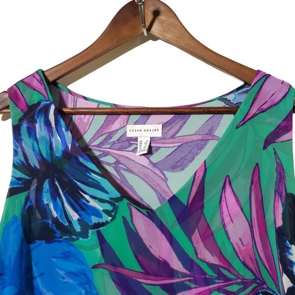 Susan Graver Liquid Knit Mini Dress 1X Plus Tropical Floral Print Green Pink - Picture 3 of 10